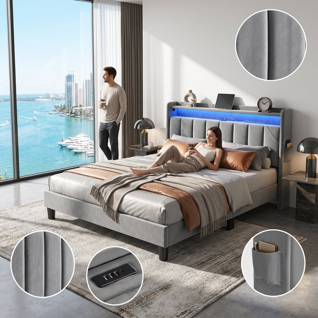 Upholstered Bed Bed Frame Grey Velvet
