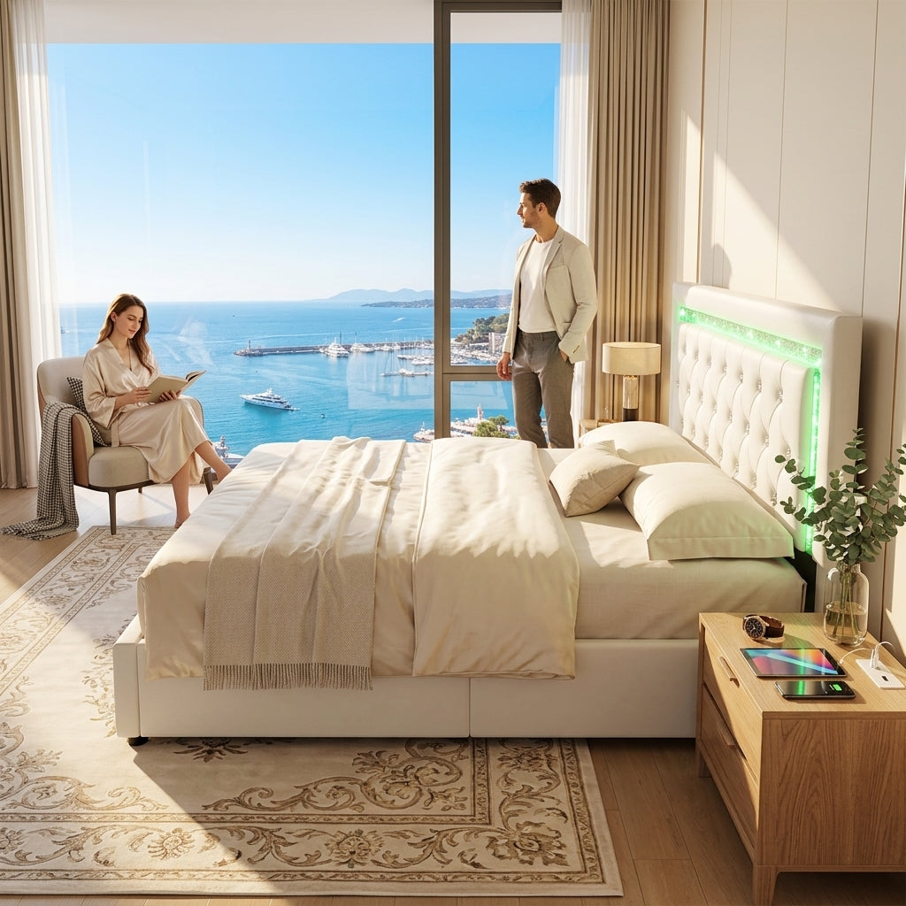 Audreamy Orionis Ottoman Bed Beige Velvet