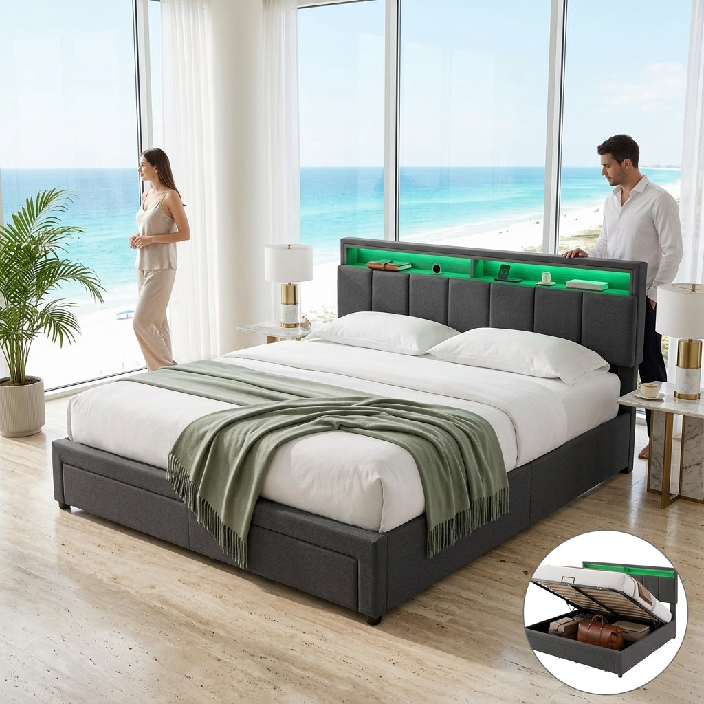 Upholstered bed with LED lighting Grey Linen