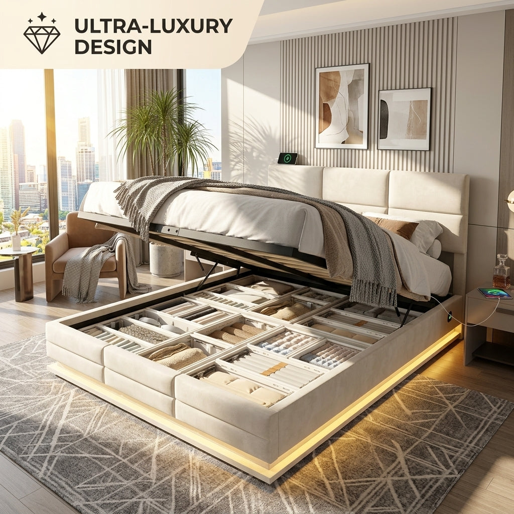 Audreamy Orion Ottoman Bed Beige Velvet