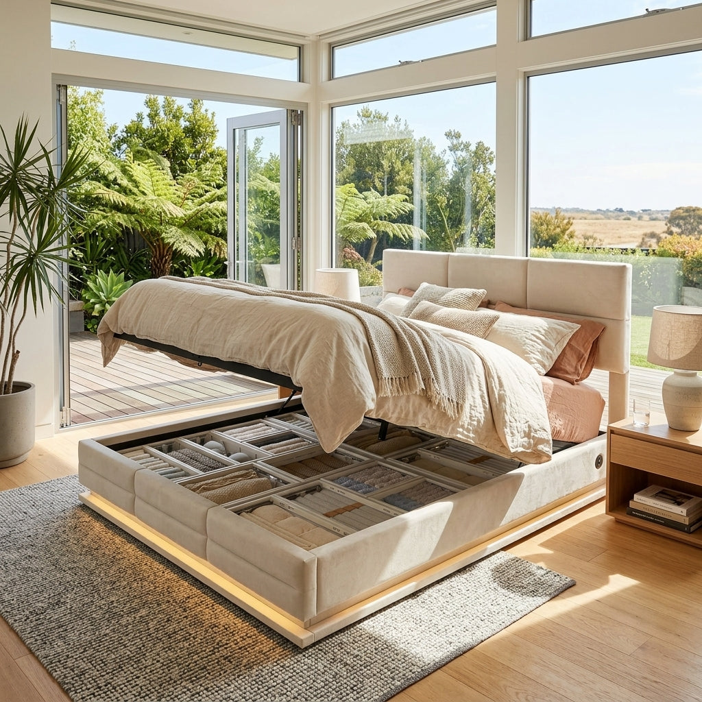 Audreamy Orion Ottoman Bed Beige Velvet