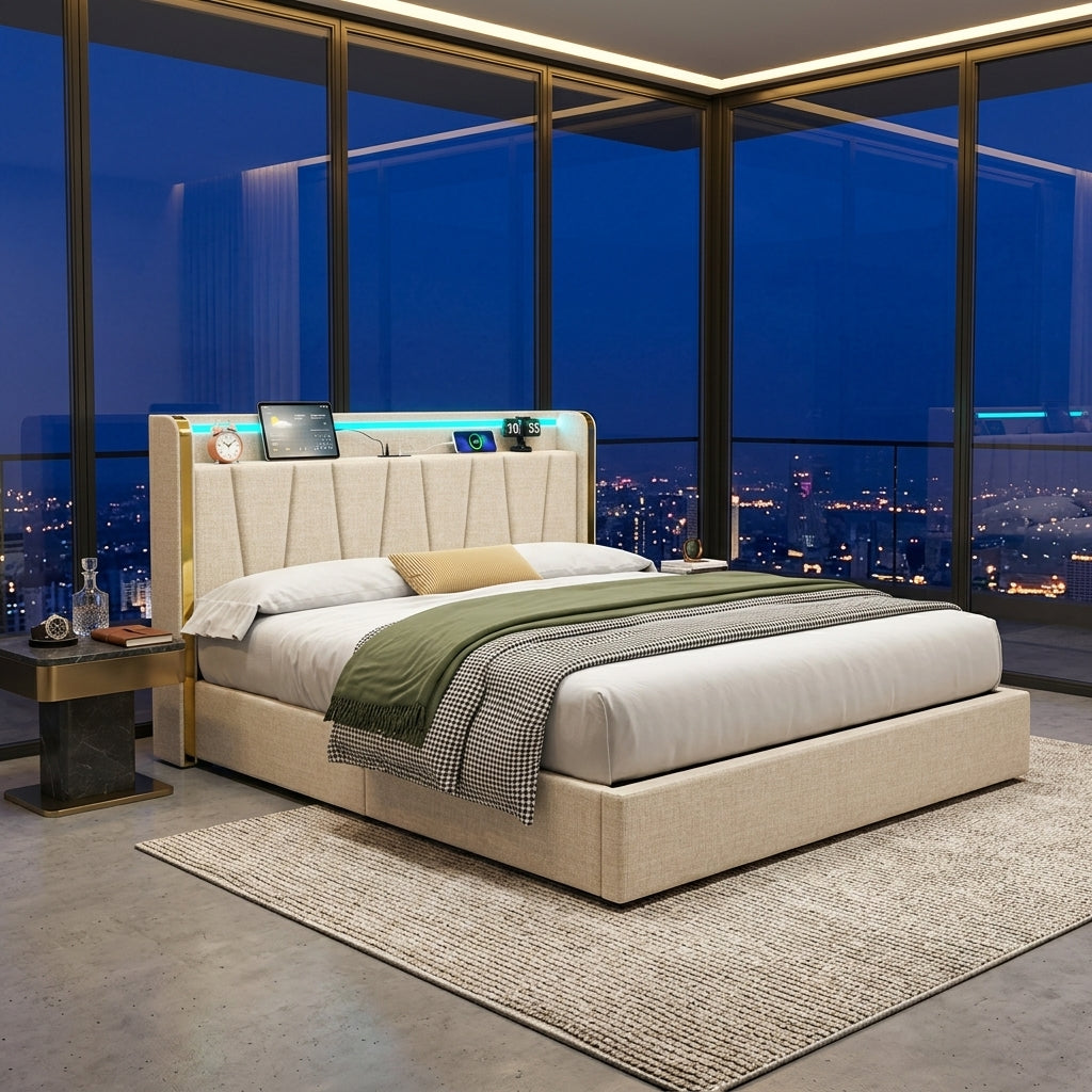 Upholstered Bed Frame with Hydraulic Storage, Ottoman Bed Beige Linen