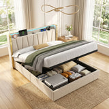 Upholstered Bed Frame with Hydraulic Storage, Ottoman Bed Beige Linen