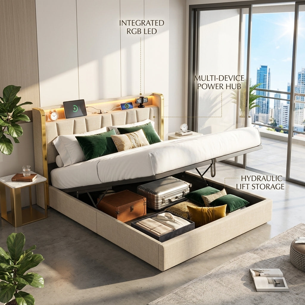 Upholstered Bed Frame with Hydraulic Storage, Ottoman Bed Beige Linen