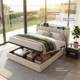 Upholstered Bed Frame with Hydraulic Storage, Ottoman Bed Beige Linen