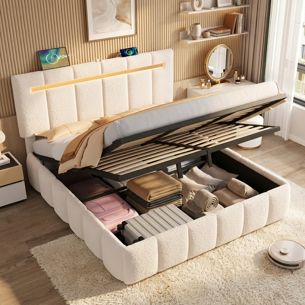 Upholstered Bed Frame with Hydraulic Storage, Ottoman Bed Beige