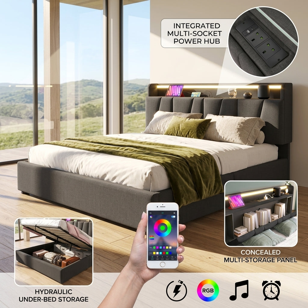 Upholstered Bed with USB charging function Ottoman Bed Grey