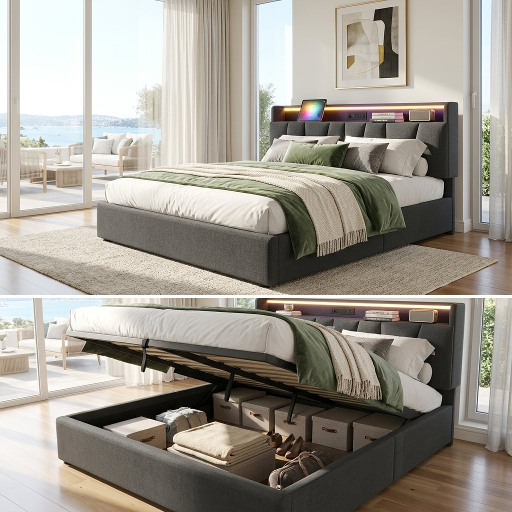 Upholstered Bed with USB charging function Ottoman Bed Grey