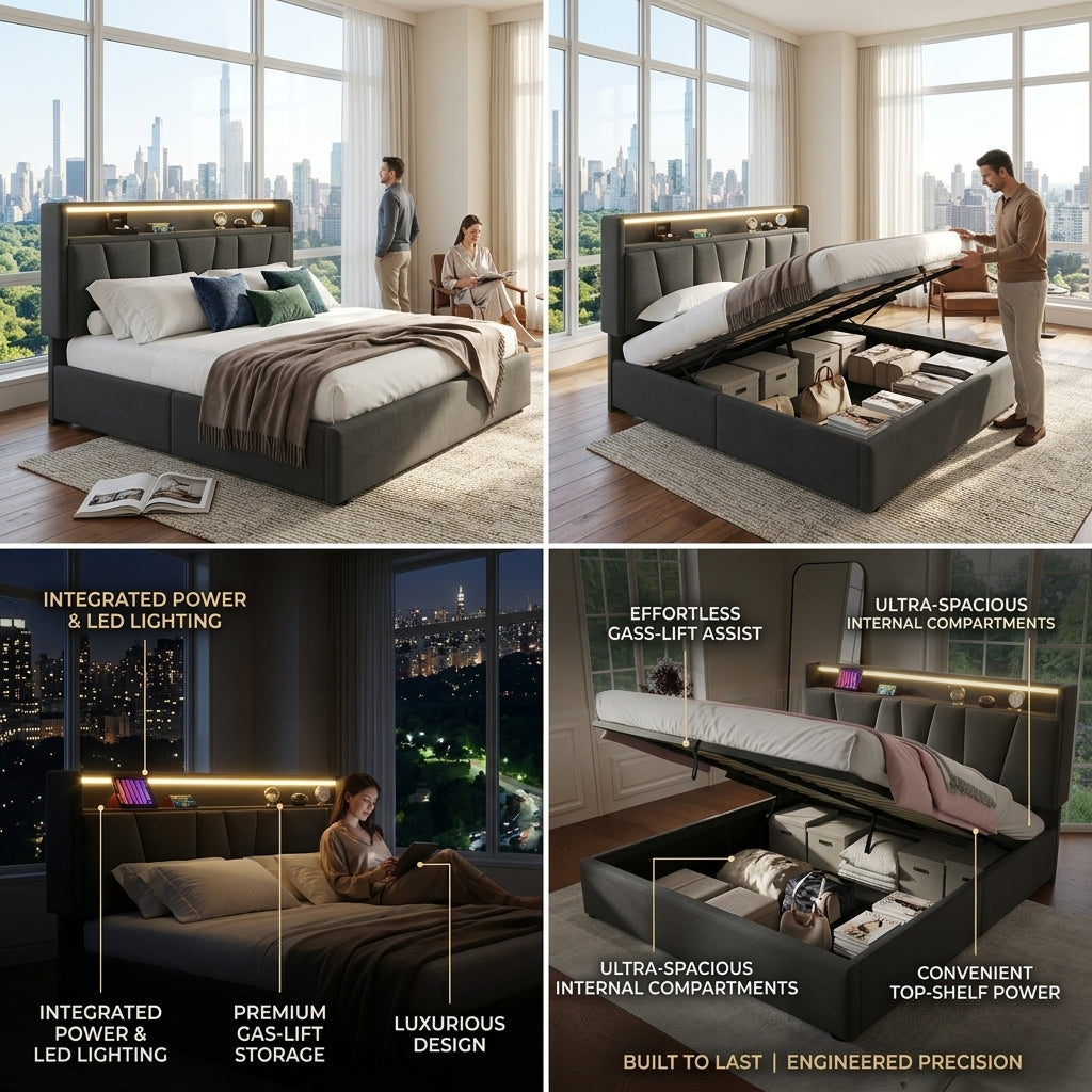 Upholstered Bed with USB charging function Ottoman Bed Grey