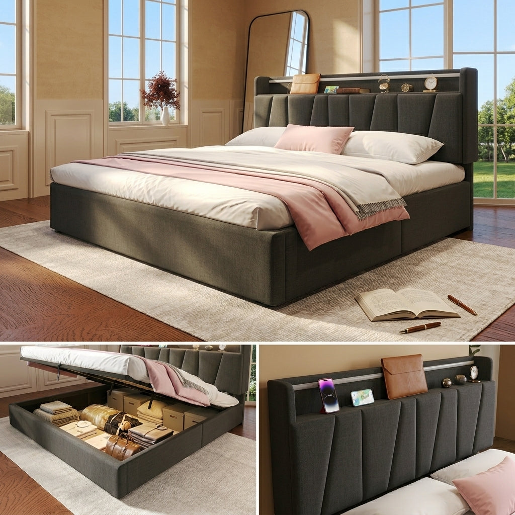 Upholstered Bed with USB charging function Ottoman Bed Grey