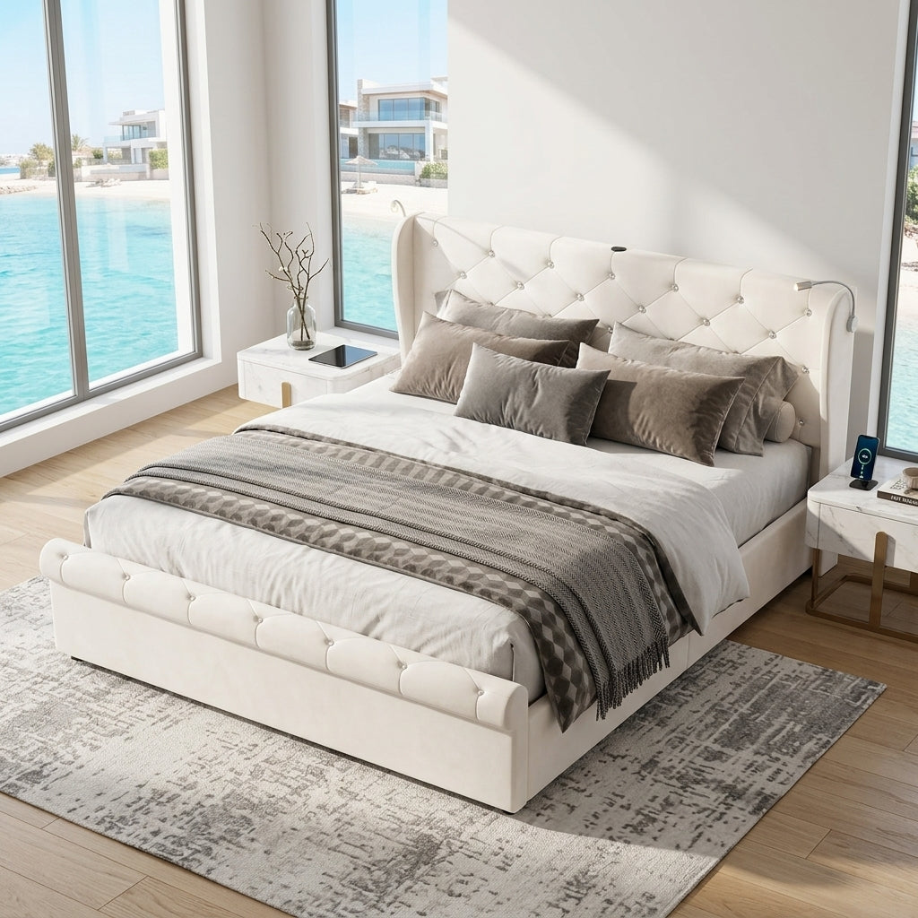 Audreamy Theo Ottoman Bed Beige Velvet