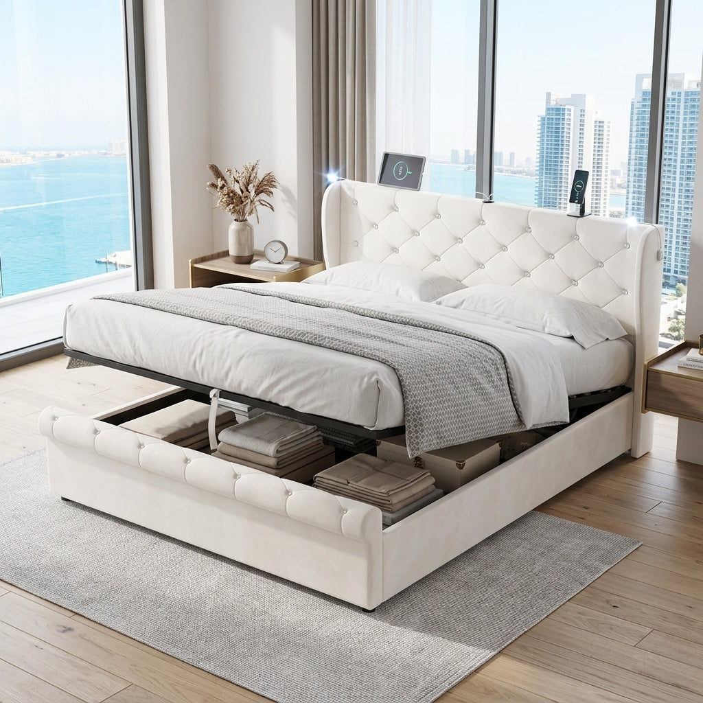 Audreamy Theo Ottoman Bed Beige Velvet