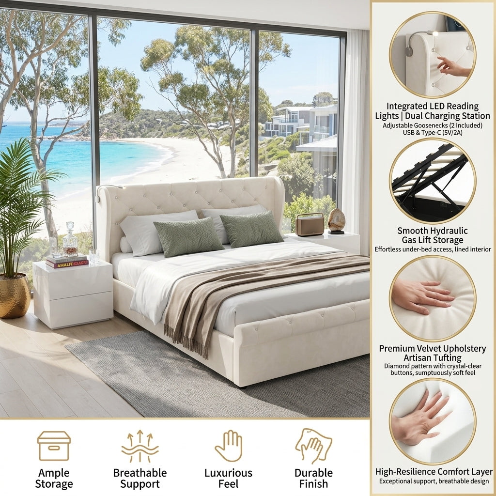 Audreamy Theo Ottoman Bed Beige Velvet