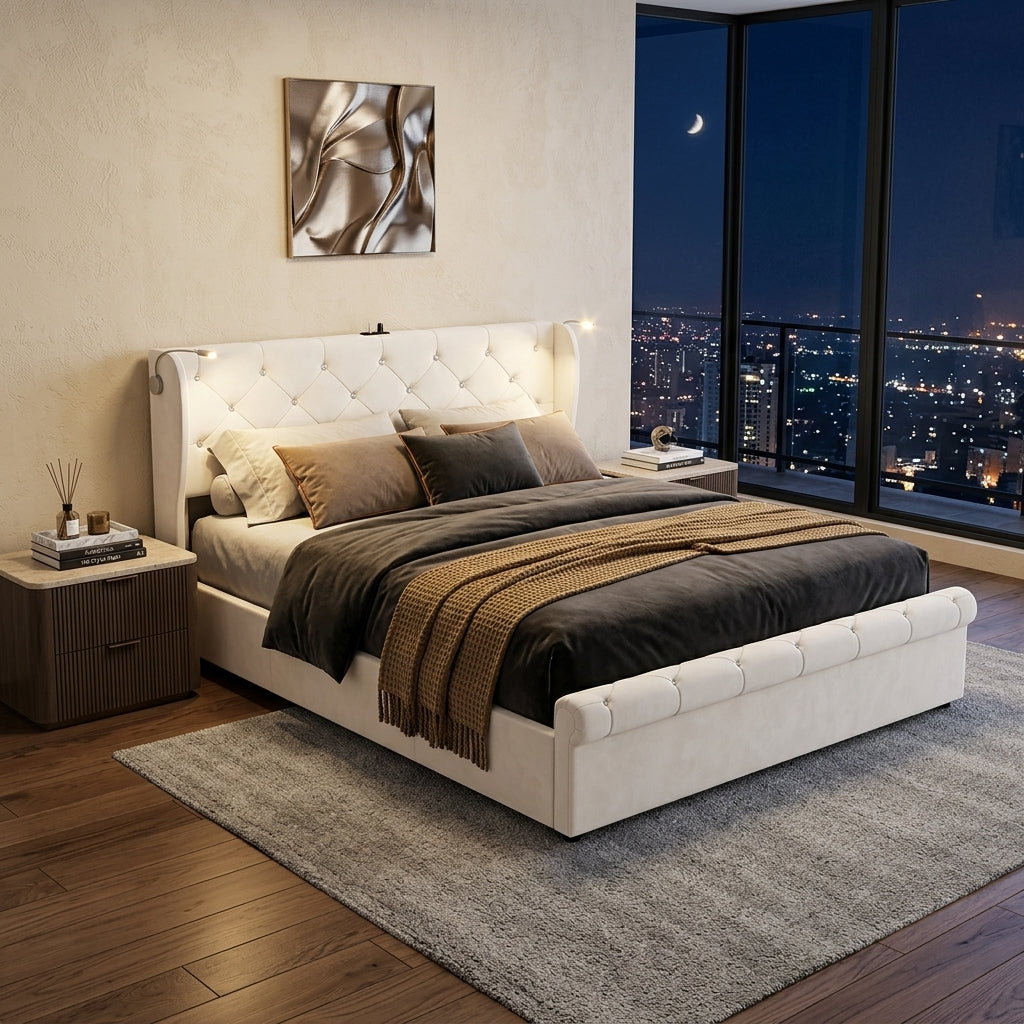 Audreamy Theo Ottoman Bed Beige Velvet