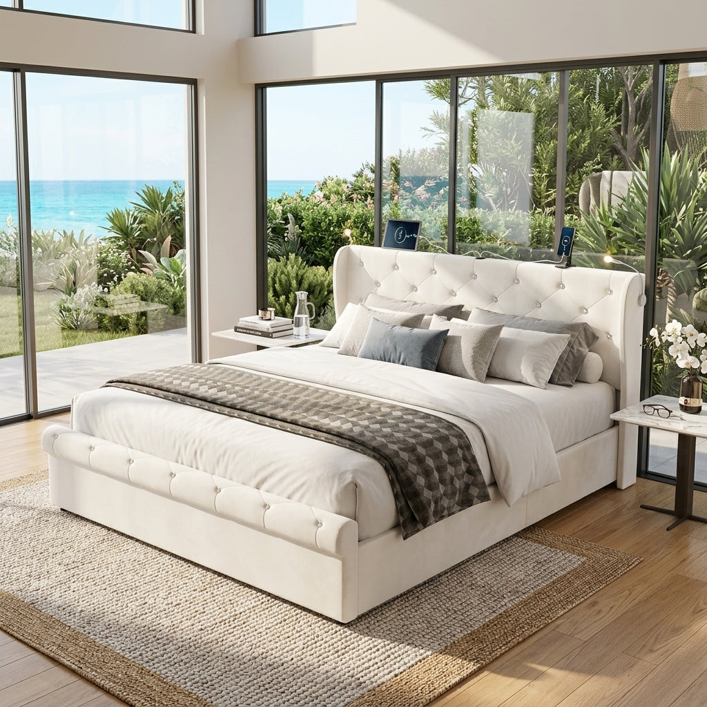 Audreamy Theo Ottoman Bed Beige Velvet