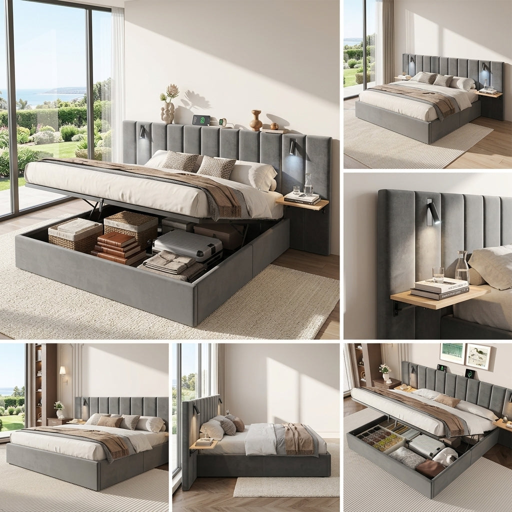 Hydraulic Storage Bed Ottoman Bed Grey Velvet