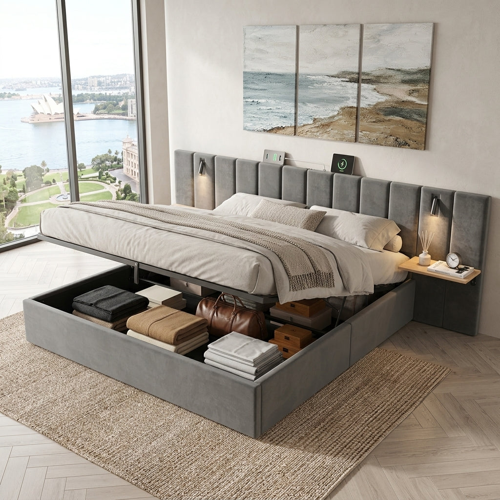 Hydraulic Storage Bed Ottoman Bed Grey Velvet