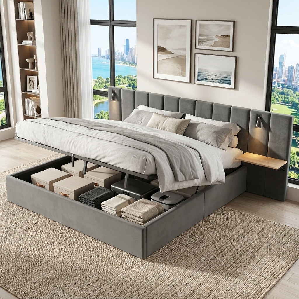 Hydraulic Storage Bed Ottoman Bed Grey Velvet