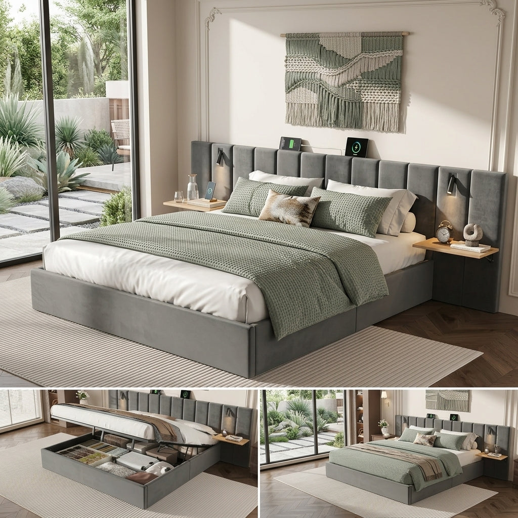 Hydraulic Storage Bed Ottoman Bed Grey Velvet