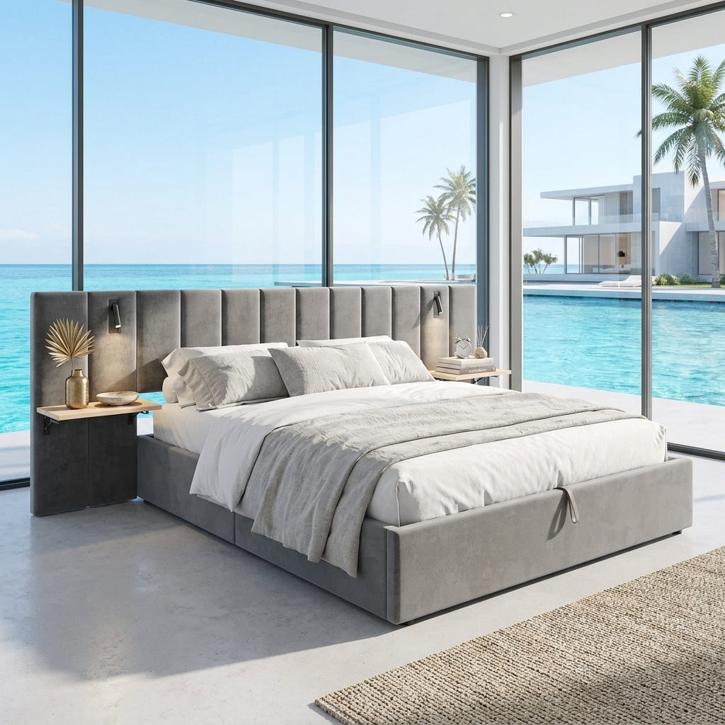 Hydraulic Storage Bed Ottoman Bed Grey Velvet