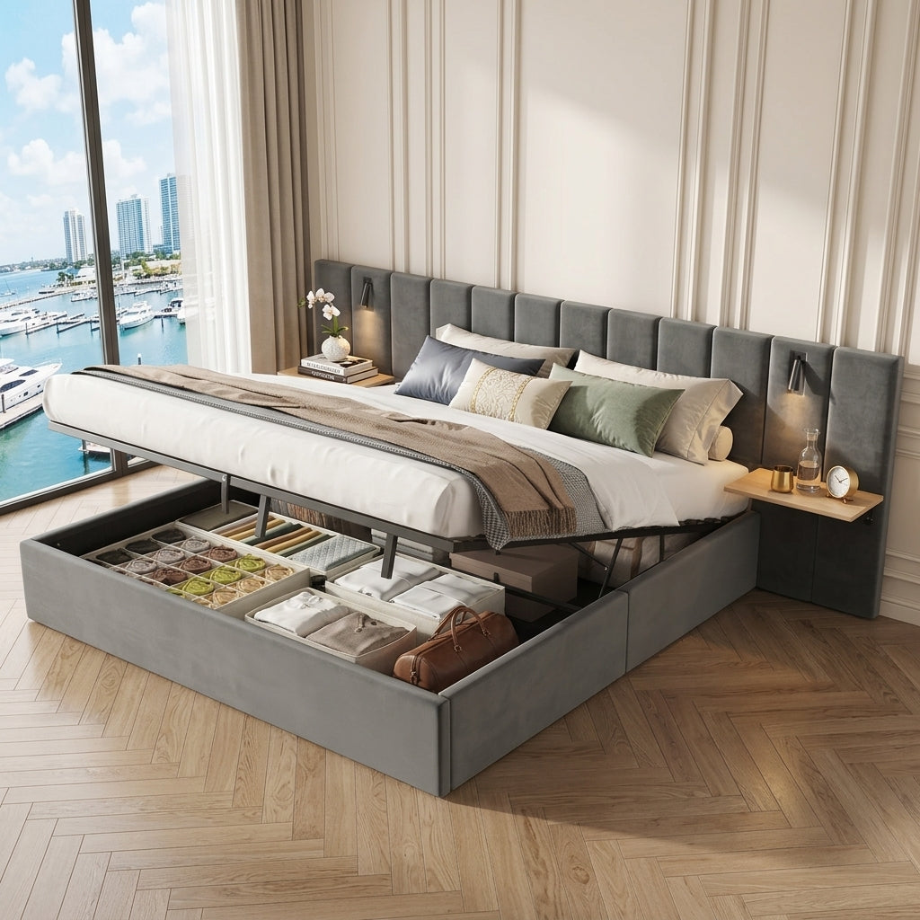 Hydraulic Storage Bed Ottoman Bed Grey Velvet