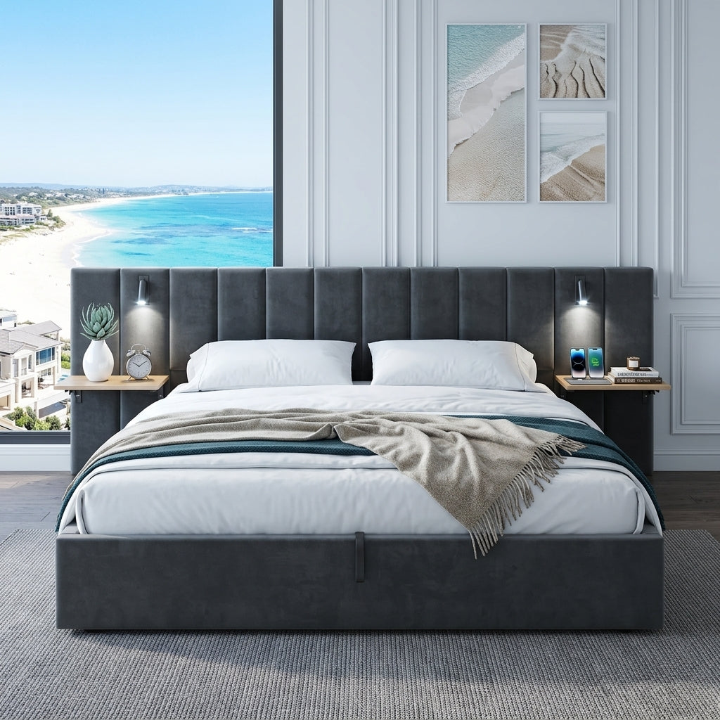 Hydraulic Storage Bed Ottoman Bed Grey Velvet