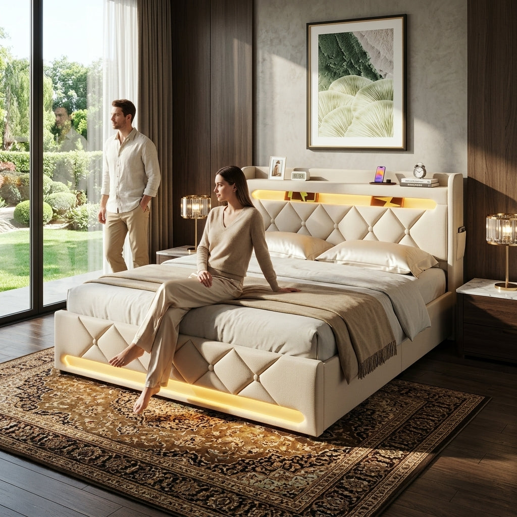 Audreamy Lancaster Ottoman Bed Beige Linen