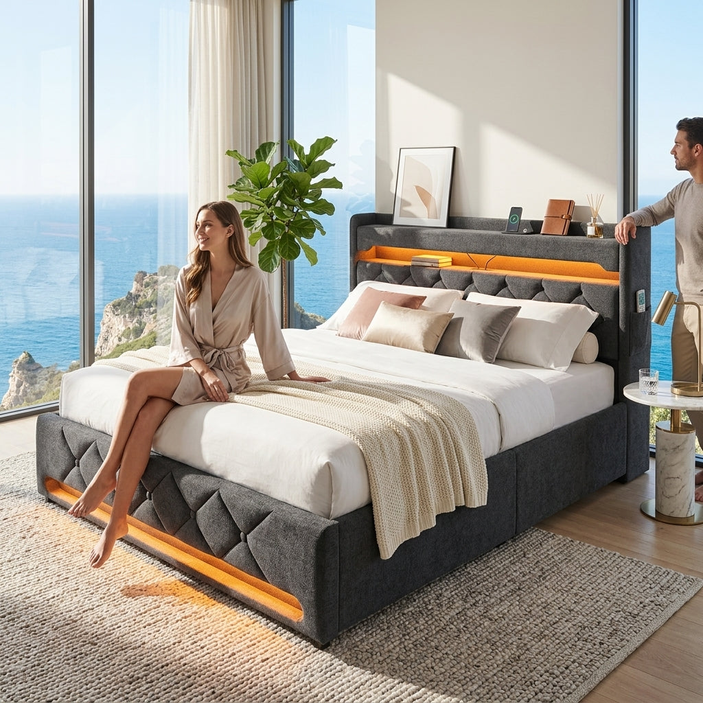Audreamy Lancaster Ottoman Bed Grey Linen