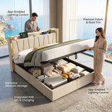 Upholstered Bed Frame with Hydraulic Storage, Ottoman Bed Beige Linen