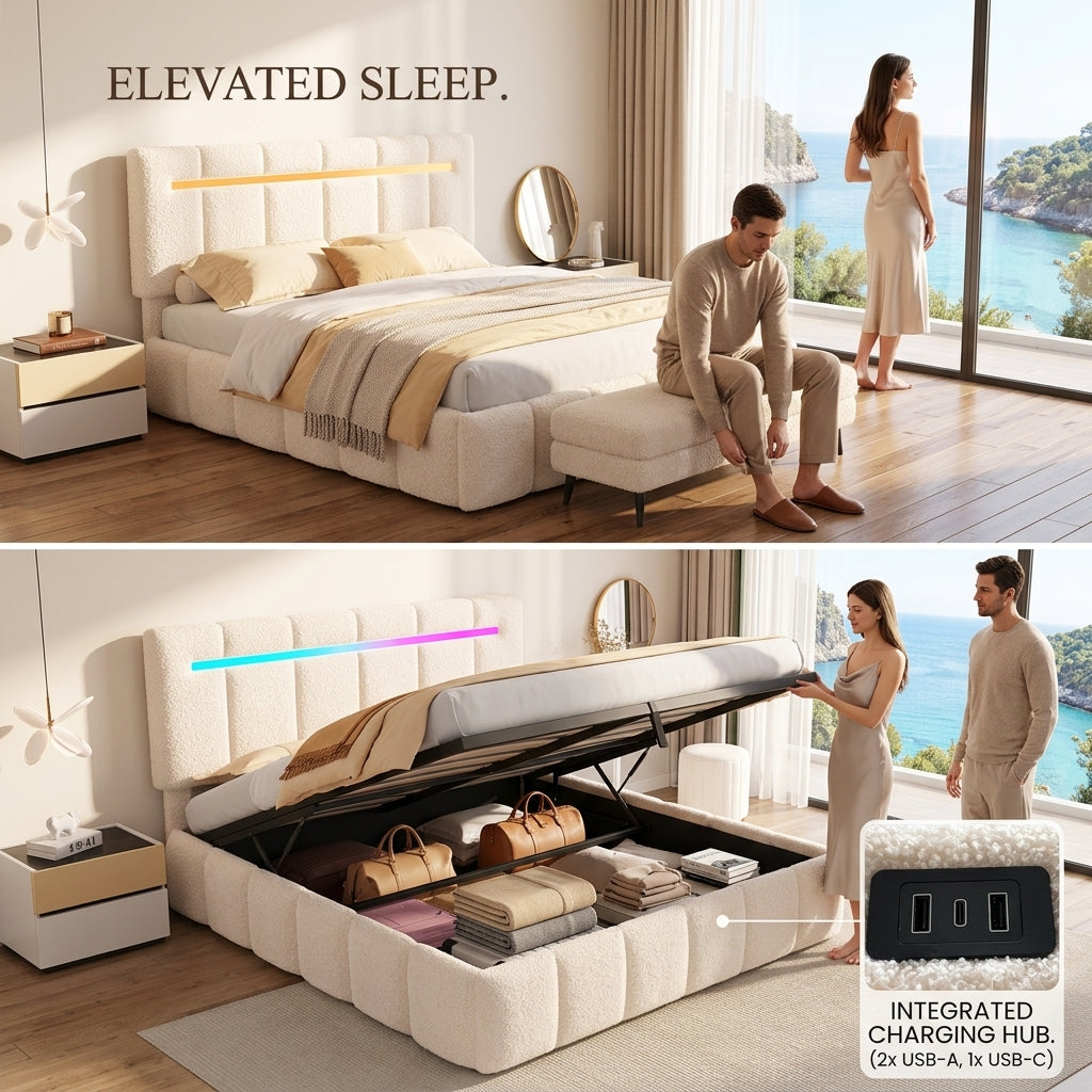 Upholstered Bed Frame with Hydraulic Storage, Ottoman Bed Beige