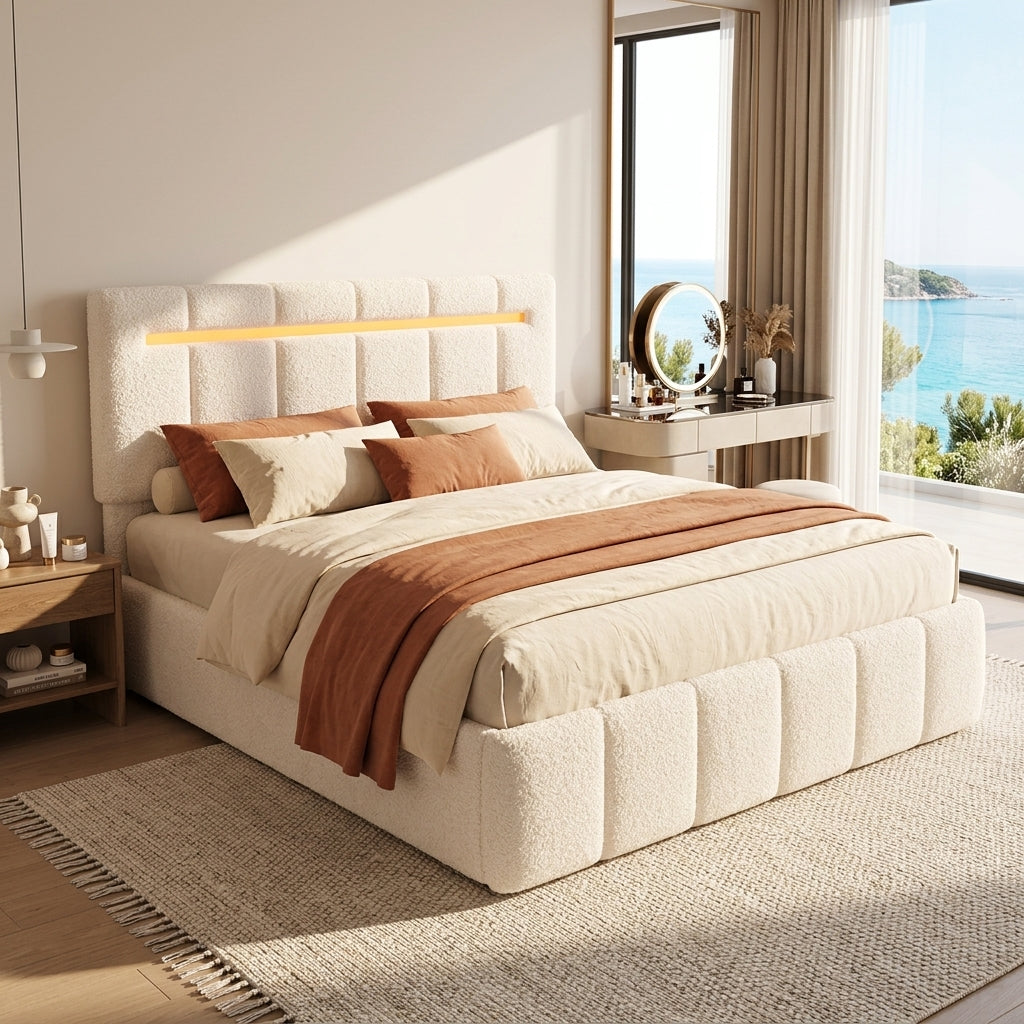 Upholstered Bed Frame with Hydraulic Storage, Ottoman Bed Beige