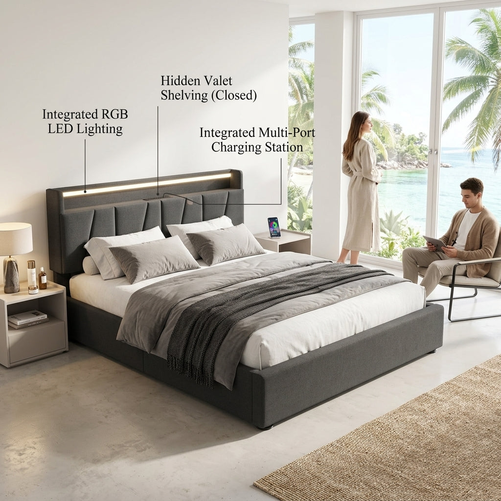 Upholstered Bed with USB charging function Ottoman Bed Grey