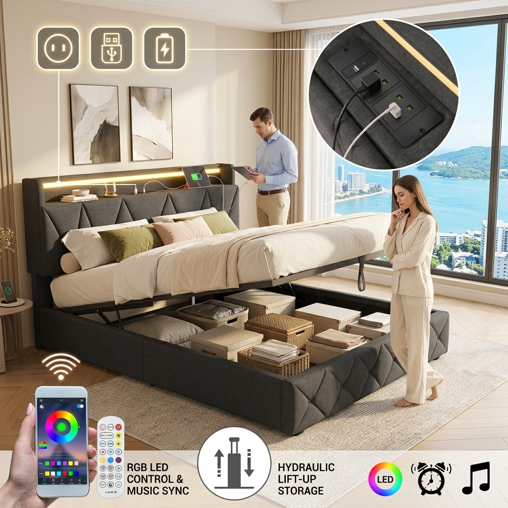 Upholstered Bed with USB charging function Ottoman Bed Grey
