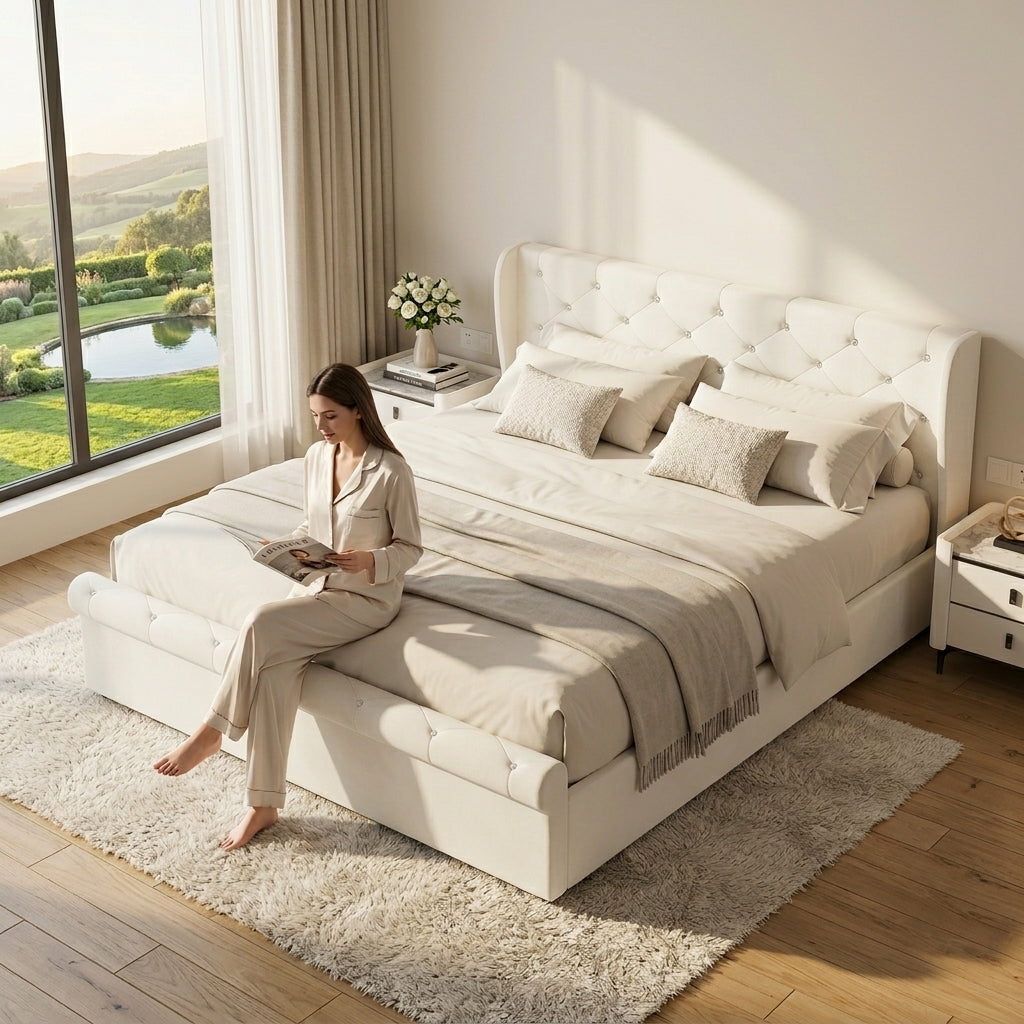 Audreamy Theo Ottoman Bed Beige Velvet