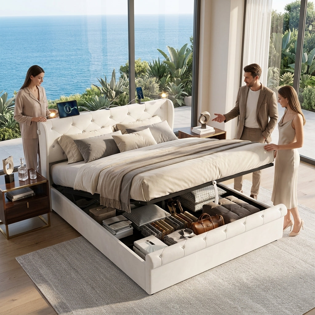 Audreamy Theo Ottoman Bed Beige Velvet