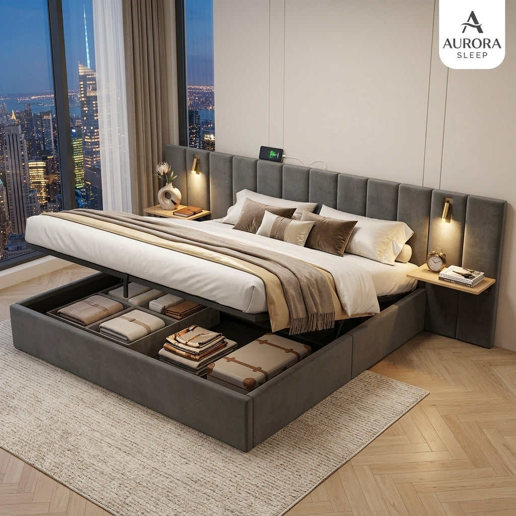Hydraulic Storage Bed Ottoman Bed Grey Velvet