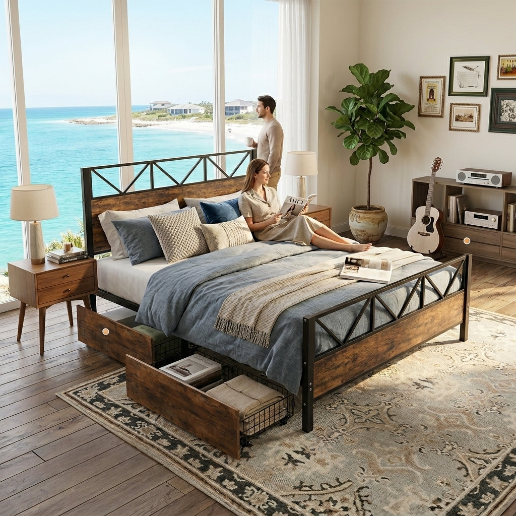 Metal Bed Iron bed, Black+Wood