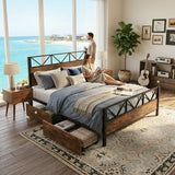 Metal Bed Iron bed, Black+Wood