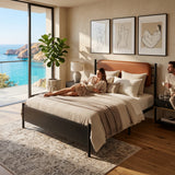 Metal bed, With a PU-upholstered headboard,  Black Iron+PU