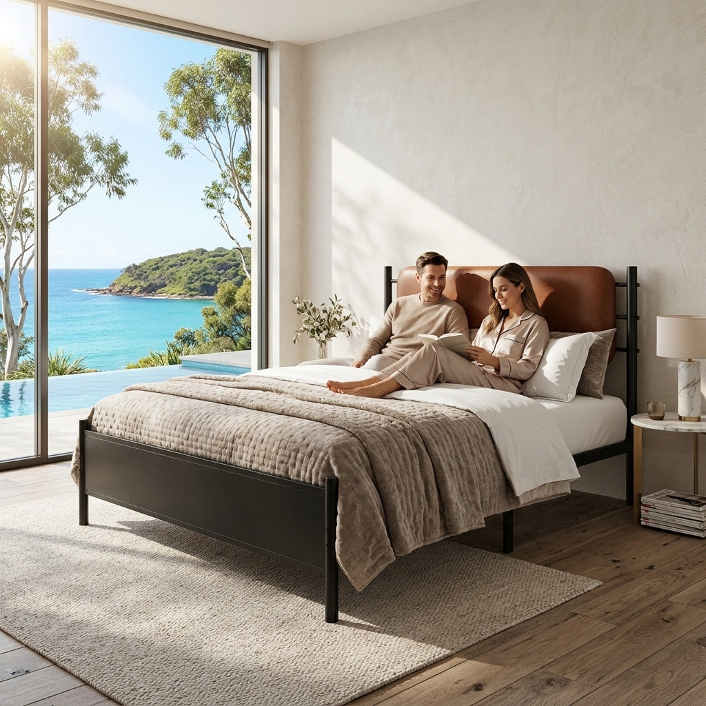 Metal bed, With a PU-upholstered headboard,  Black Iron+PU