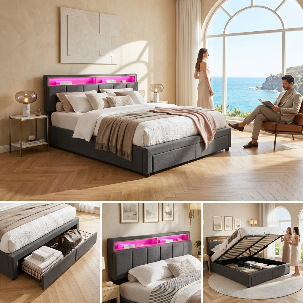 Upholstered bed with LED lighting Grey Linen