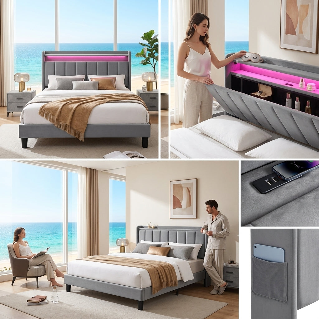 Upholstered Bed Bed Frame Grey Velvet