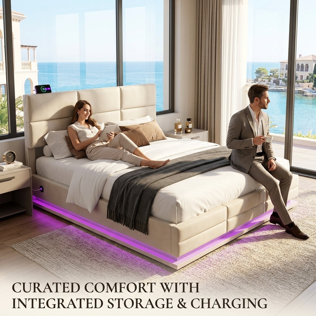 Audreamy Orion Ottoman Bed Beige Velvet