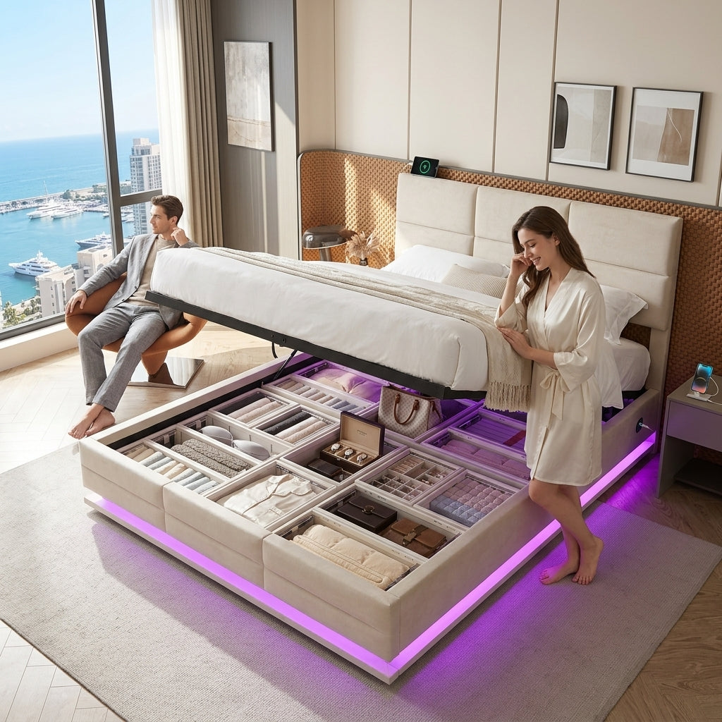 Audreamy Orion Ottoman Bed Beige Velvet
