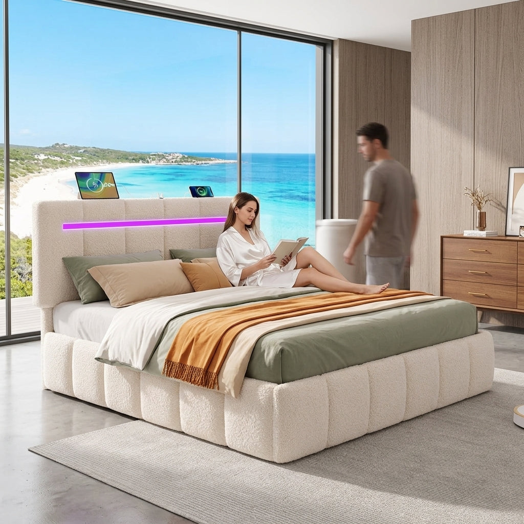 Upholstered Bed Frame with Hydraulic Storage, Ottoman Bed Beige