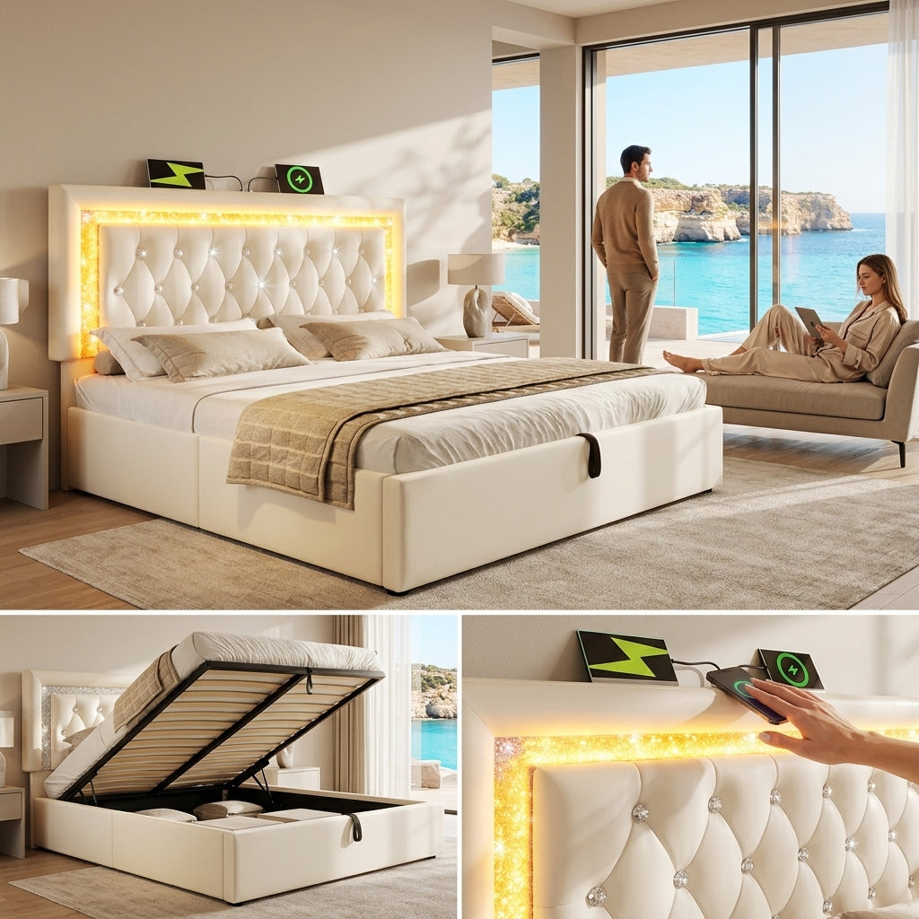 Audreamy Orionis Ottoman Bed Beige Velvet