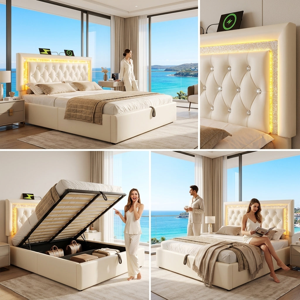 Audreamy Orionis Ottoman Bed Beige Velvet