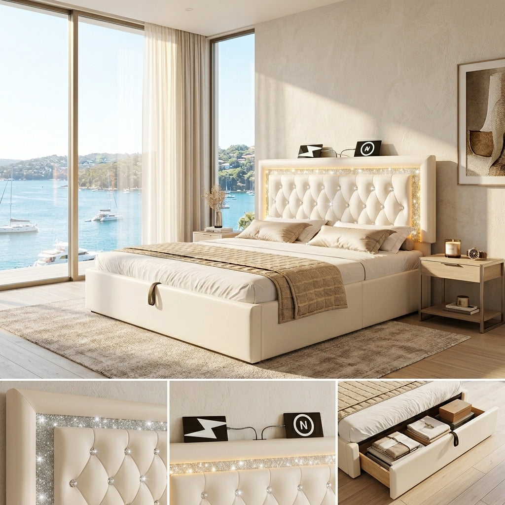 Audreamy Orionis Ottoman Bed Beige Velvet