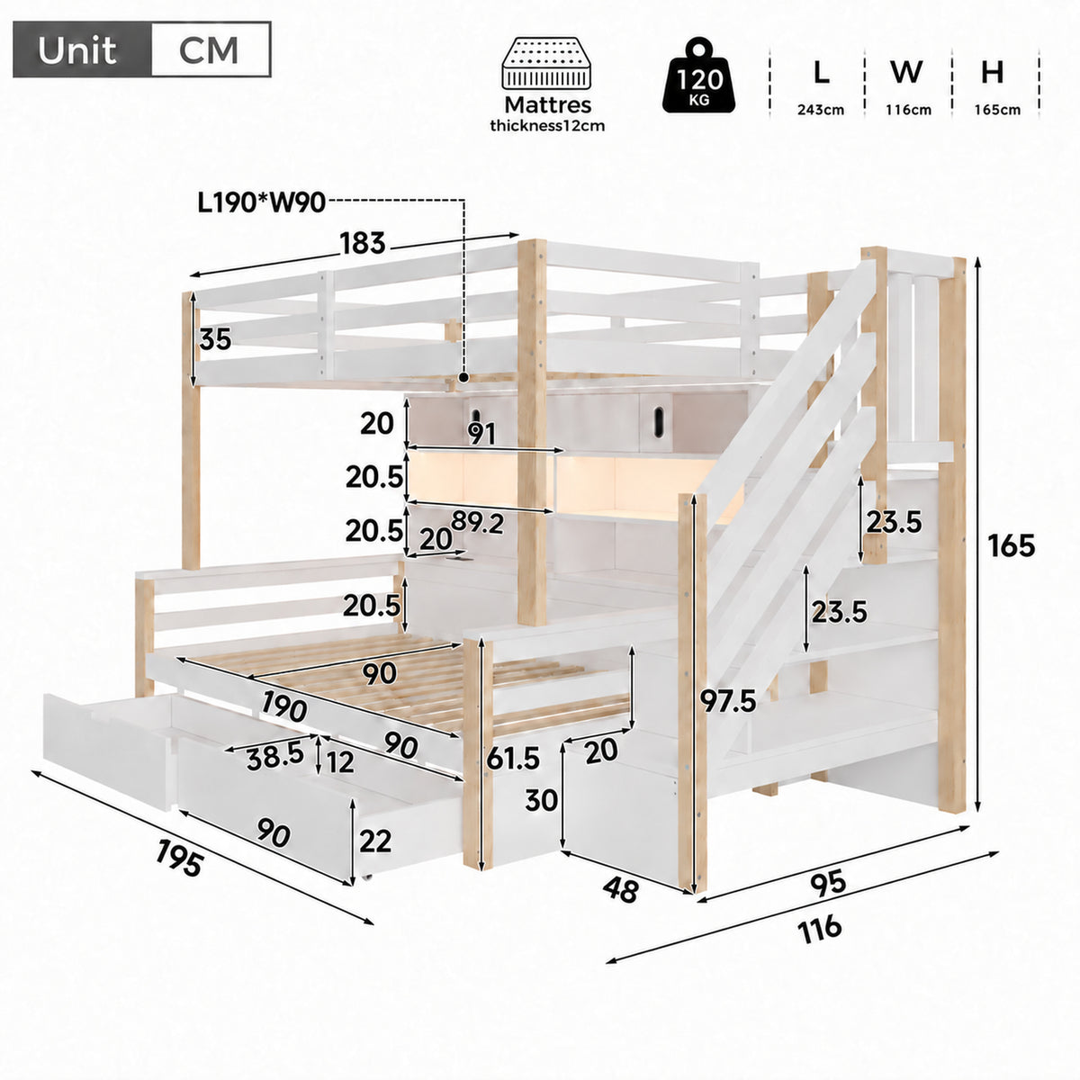 Audreamy Kuga Loft Bed, Solid Wood Frame with Drawers, Storage Stairs, Shelves & Lockers, Safety Guardrails