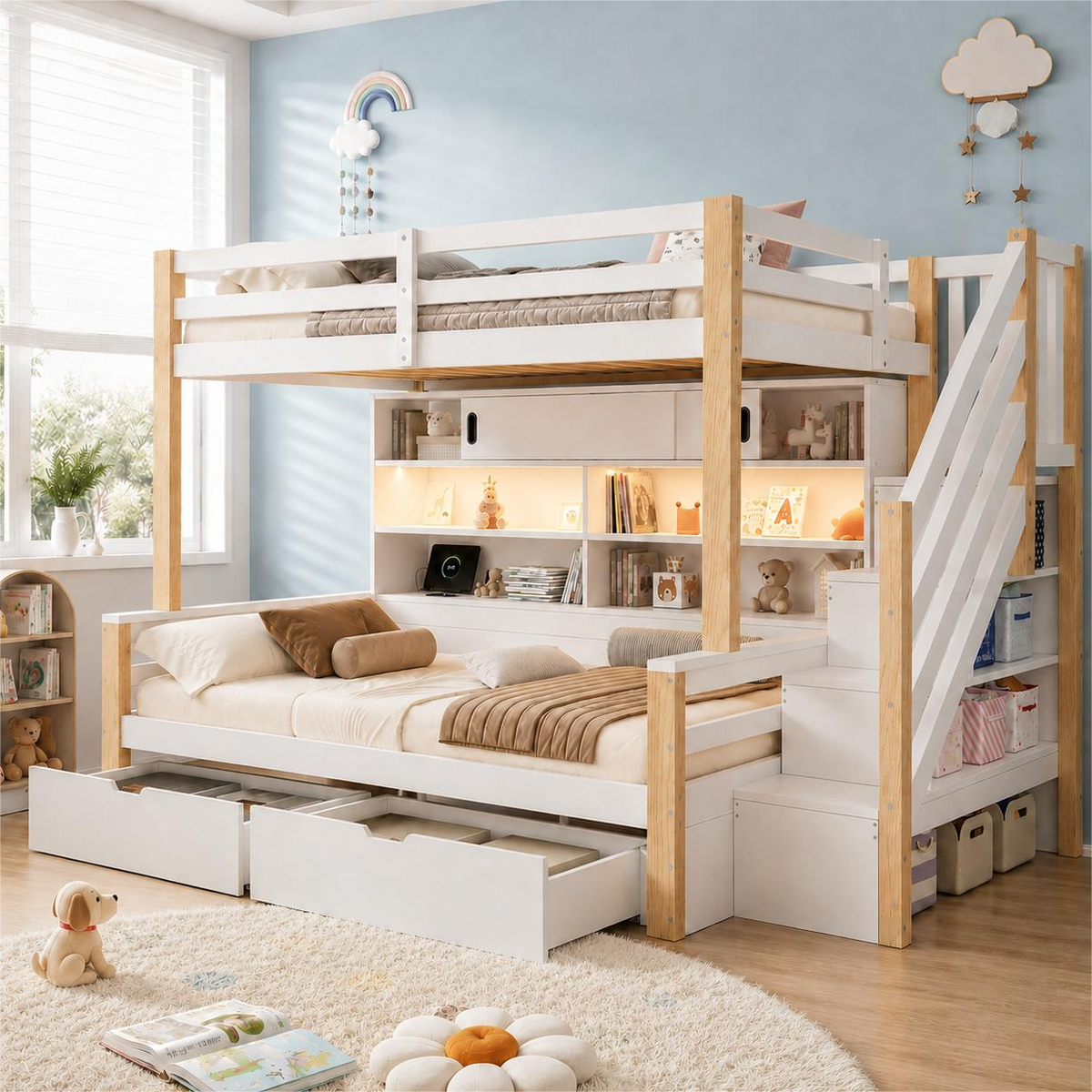 Audreamy Kuga Loft Bed, Solid Wood Frame with Drawers, Storage Stairs, Shelves & Lockers, Safety Guardrails